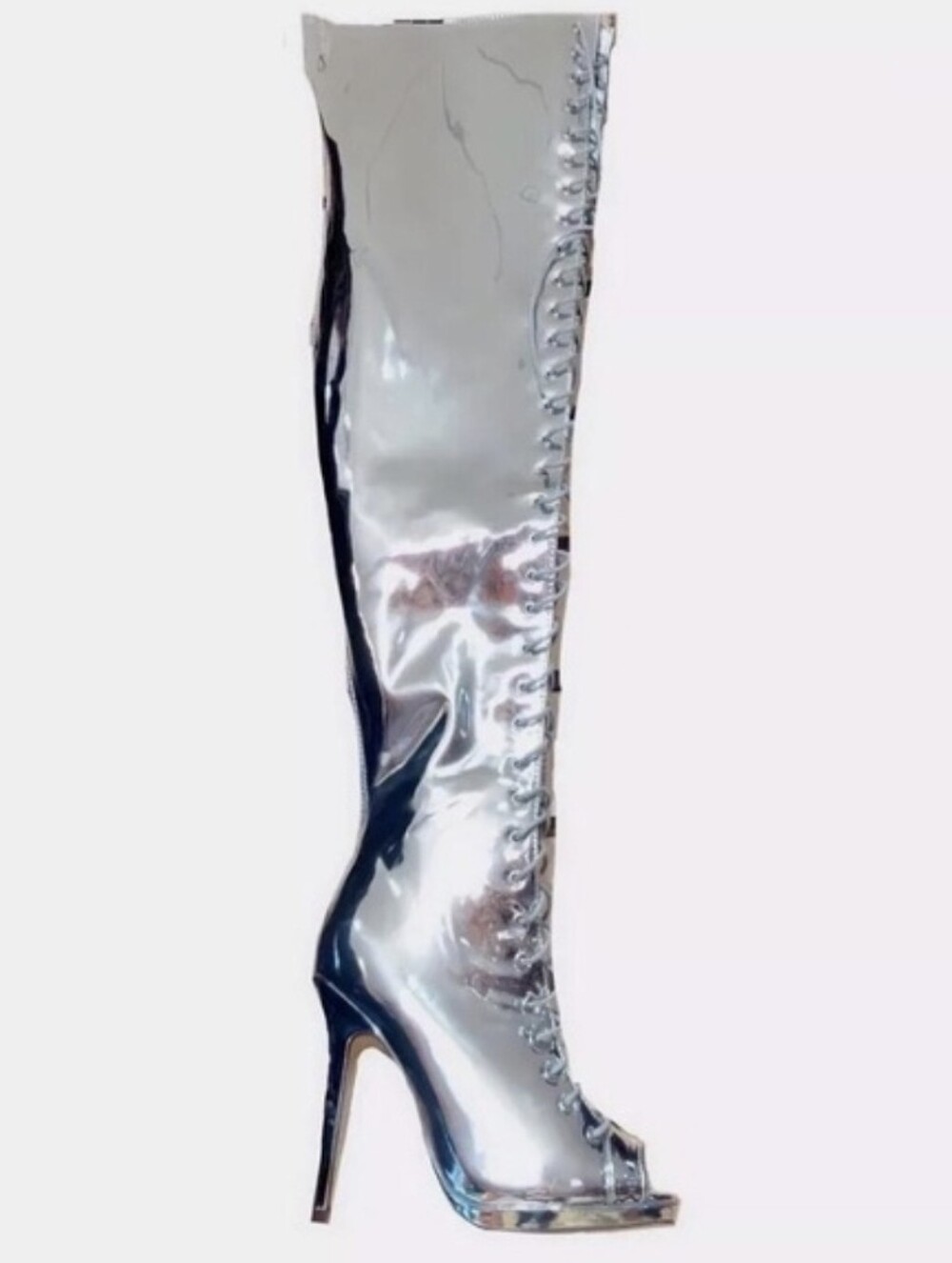 Liliana Silver Metallic Metallic Thigh High Lace Up Peep Toe Stiletto Boots 9 - Picture 4 of 15